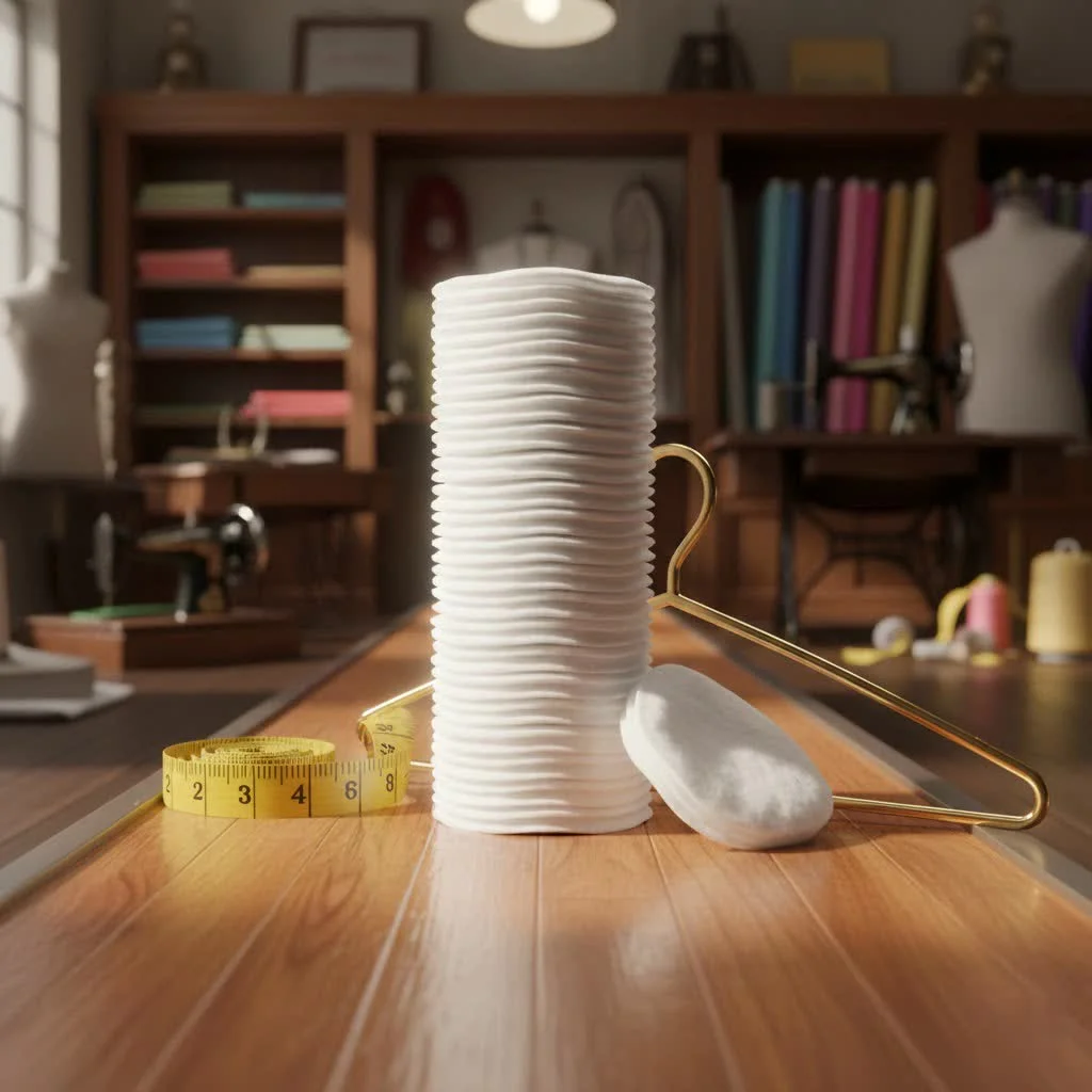 Organic cotton pads on a wooden surface with cotton plants