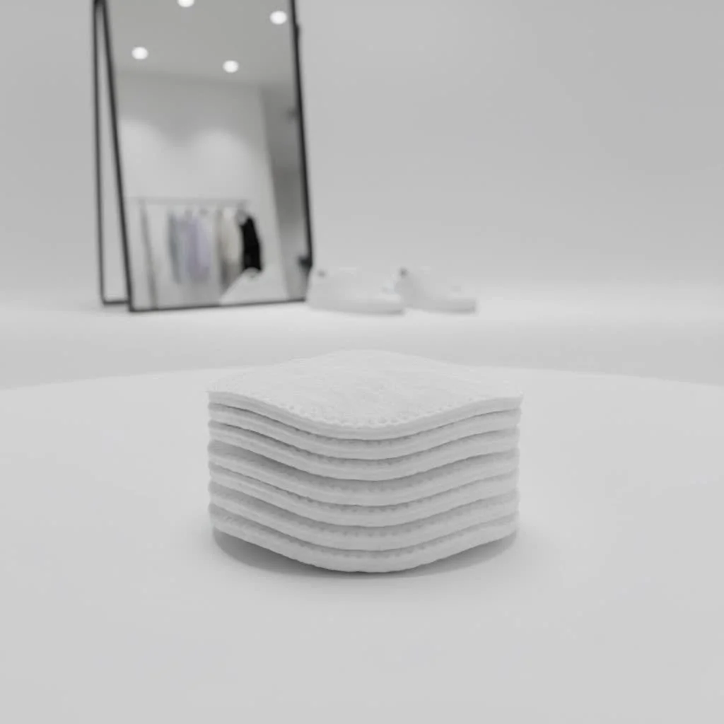 Close-up of circular cotton pads on a clean surface